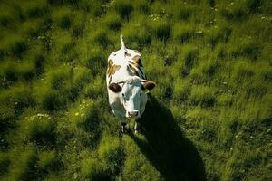 ai gerado aéreo Visão do vaca em verde Prado dentro verão. foto