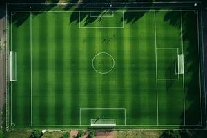 ai gerado verde futebol campo ou futebol campo topo Visão com realista Relva textura e roçada padrão, realista futebol arremesso foto