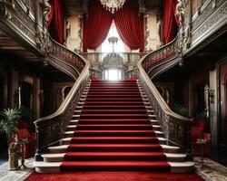 ai gerado esvaziar grande Escadaria com vermelho tapete dentro castelo foto