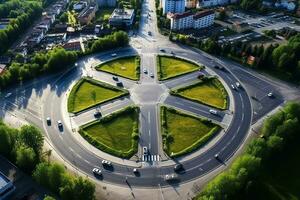 ai gerado aéreo topo Visão estrada rotunda com carro grande quantidade, aéreo Visão estrada tráfego dentro cidade às noite. foto