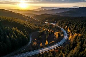 ai gerado aéreo Visão do montanha estrada dentro floresta às pôr do sol dentro outono. topo Visão a partir de zangão do estrada dentro madeiras. lindo panorama com estrada dentro colinas, pinho árvores, verde prados foto