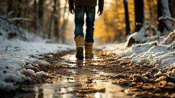 ai gerado seletivo foco, cortada Visão do homem caminhando ao longo uma soldado parque caminho dentro a raios do a configuração sol, lá é ainda neve em a lados do a caminho foto