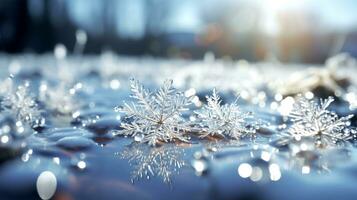 ai gerado inverno fundo, fechar acima flocos de neve e seletivo foco, congeladas e coberto com geada, gelo e neve Relva foto