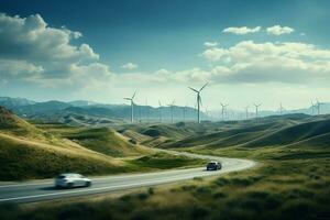 ai gerado elétrico carro dirigir em a vento turbinas fundo. carro drives ao longo uma montanha estrada. elétrico carro dirigindo ao longo moinhos de vento Fazenda. alternativo energia para carros. carro e vento turbinas Fazenda foto