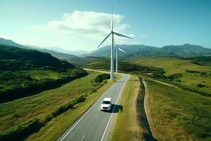 ai gerado elétrico carro dirigir em a vento turbinas fundo. carro drives ao longo uma montanha estrada. elétrico carro dirigindo ao longo moinhos de vento Fazenda. alternativo energia para carros. carro e vento turbinas Fazenda foto