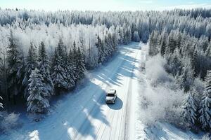 ai gerado uma carro em ventoso estrada dentro neve coberto floresta, topo baixa aéreo visualizar. foto