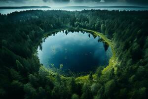 ai gerado a quase perfeito circular lago tiro em linha reta baixa a partir de a ar se assemelha a terra cercado de uma pinho floresta foto