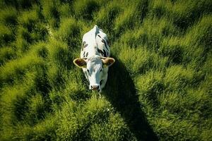 ai gerado aéreo Visão do vaca em verde Prado dentro verão. foto