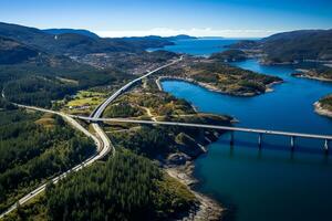 ai gerado aéreo Visão ponte estrada acima mar conectando ilhas topo baixa cenário transporte a infraestrutura famoso marcos foto