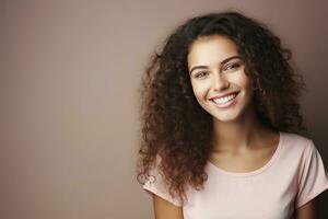 ai gerado alegre risonho jovem mulher retrato foto