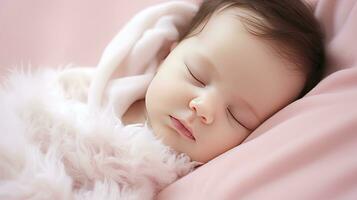 ai gerado dormindo recém-nascido bebê dentro uma embrulho em Rosa cobertor foto