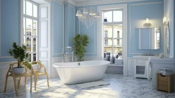 ai gerado luxo moderno banheiro interior com quente banheira foto
