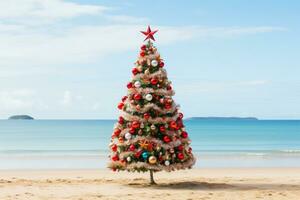 ai gerado Natal árvore e presentes sobre de praia fundo foto