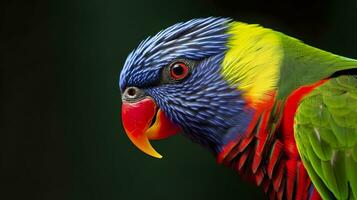 ai gerado lado Visão fechar-se do lindo e colorida Lorikeet verde cochilou pássaro. generativo ai foto