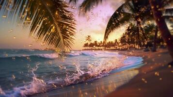 ai gerado de praia com ondas e coco árvores às pôr do sol. generativo ai foto