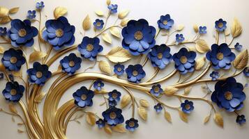 ai gerado elegante ouro e real azul floral árvore com folhas e flores suspensão galhos ilustração fundo. ai gerado. foto