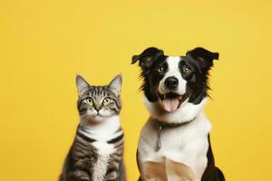 ai gerado gato e cachorro juntos com feliz expressões em amarelo fundo. ai gerado foto