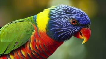 ai gerado lado Visão fechar-se do lindo e colorida Lorikeet verde cochilou pássaro. generativo ai foto