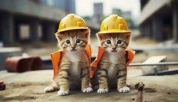 ai gerado dois gatinhos vestindo Difícil chapéus em uma construção local. generativo ai foto