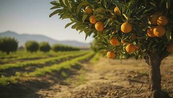 ai gerado a laranja árvore é dentro a primeiro plano com uma Fazenda campo fundo. generativo ai foto