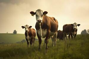 ai gerado grupo do vacas em pé dentro uma gramíneo campo. ai gerado foto