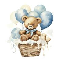 ai gerado uma aguarela bebê Urso de pelúcia Urso é sentado dentro a cesta com azul e ouro balões. ai gerado foto