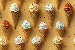 ai gerado incorporar uma variedade do waffle cones com diferente gelo creme sabores. ai gerado foto