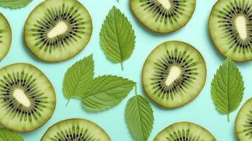 ai gerado fatias do kiwi fruta e verde hortelã folhas em uma luz pastel azul fundo. ai gerado foto