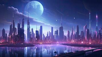 ai gerado uma futurista, cyberpunk inspirado paisagem urbana às noite. ai gerado foto