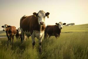 ai gerado grupo do vacas em pé dentro uma gramíneo campo. ai gerado foto
