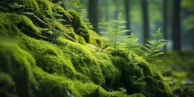 ai gerado verde musgo fechar-se, com uma pano de fundo do bosque. floresta dentro a nacional parque. ai gerado foto