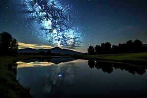 ai gerado leitoso caminho refletido em lago. ai gerado foto