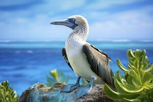 ai gerado a raro de pés azuis booby descansos em a de praia. ai gerado foto