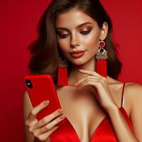 ai gerado retrato do uma bonita morena mulher dentro vermelho vestir com uma telefone em uma vermelho fundo foto