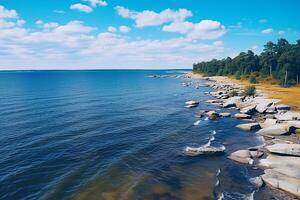 ai gerado aéreo Visão do estrada, rochoso mar costa com ondas e pedras às pôr do sol panorama com lindo estrada, transparente azul água, pedras. topo Visão a partir de zangão do rodovia dentro verão foto