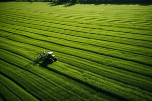 ai gerado levando Cuidado do a cortar. aéreo Visão do uma trator fertilizante uma cultivado agrícola campo. foto