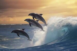 ai gerado brincalhão golfinhos pulando sobre quebra ondas. Havaí pacífico oceano animais selvagens cenário. generativo ai foto