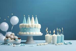 ai gerado aniversário bolo com velas e doces em branco mesa perto azul muro. generativo ai foto