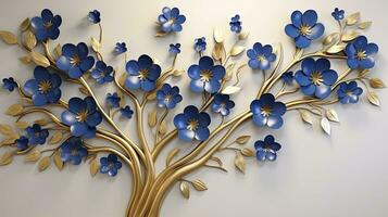 ai gerado elegante ouro e real azul floral árvore com folhas e flores suspensão galhos ilustração fundo. ai gerado. foto
