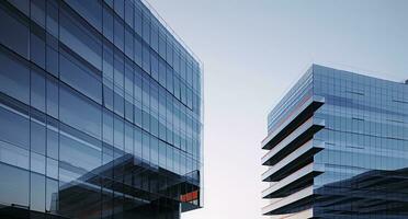 ai gerado dois moderno edifícios com vidro janelas. arquitetura Projeto do edifícios. ai gerado foto