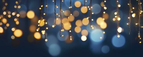 ai gerado feriado iluminação e decoração conceito, Natal festão bokeh luzes sobre Sombrio azul fundo. ai gerado foto