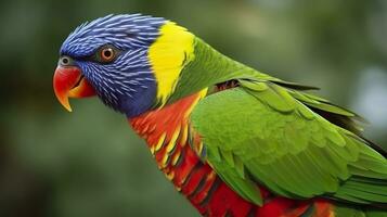 ai gerado lado Visão fechar-se do lindo e colorida Lorikeet verde cochilou pássaro. generativo ai foto