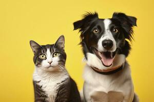 ai gerado gato e cachorro juntos com feliz expressões em amarelo fundo. ai gerado foto