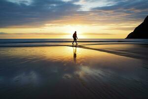 ai gerado uma pessoa caminhando em a de praia às pôr do sol. ai gerado. foto
