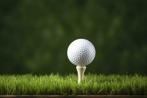 ai gerado branco golfe bola em de madeira tee com grama. generativo ai foto