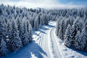 ai gerado topo aéreo Visão do neve montanha panorama com árvores e estrada foto