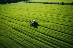 ai gerado levando Cuidado do a cortar. aéreo Visão do uma trator fertilizante uma cultivado agrícola campo. foto