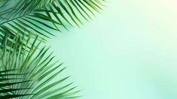 ai gerado topo Visão do Palma folhas em azul fundo cópia de espaço, tropical Palma folhas a partir de acima - plano deitar foto