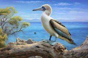 ai gerado a raro de pés azuis booby descansos em a de praia. ai gerado foto