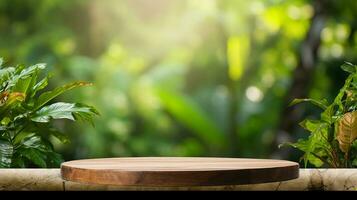 ai gerado de madeira produtos exibição pódio com borrado natureza folhas fundo mínimo cena para produtos exibição apresentação foto